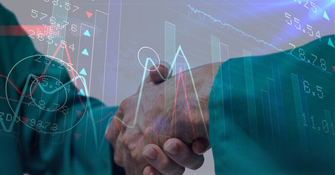 Statistical and stock market data processing against mid section of surgeons shaking hands