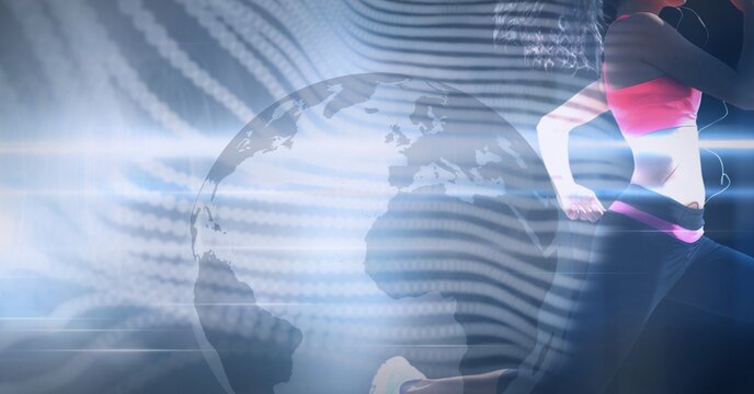 Composition of globe with light trails and female athlete running on blue background