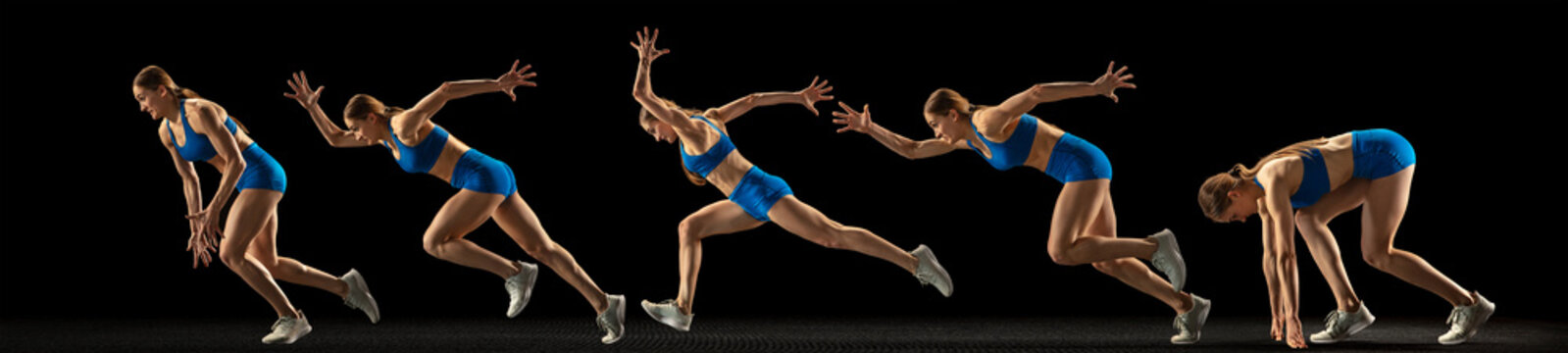 Collage of different photos of professional sportswoman, runner, jogger in action and motion isolated on black background. Flyer. © master1305