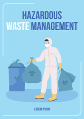 Hazardous waste management poster flat vector template. Toxic products disposal from health facilities. Brochure, booklet one page concept design with cartoon characters. COVID-19 waste flyer, leaflet