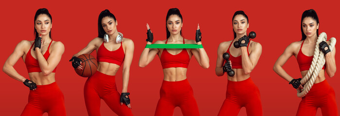 Collage of different photos of professional sportswoman, athlete in action and motion isolated on red background. Flyer.