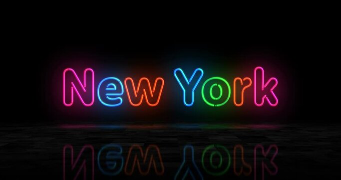 New York symbol neon glowing symbol. Light color bulbs with city club sign. Abstract concept 3d animation.