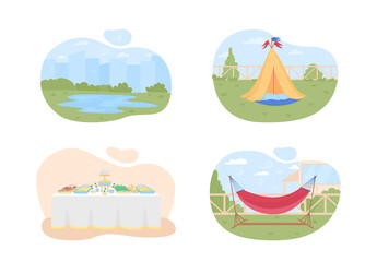 Planning summer holidays 2D vector web banner, poster set. Camping season flat objects on cartoon background. Hammock, wigwam. Lake vacation printable patch, colorful web element collection