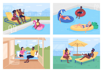 Budget-friendly summer retreats flat color vector illustration set. Patio garden. Outdoor seating. Swimming pool in backyard 2D cartoon faceless characters collection with green area on background
