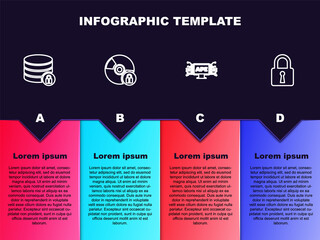 Set line Server security with lock, CD or DVD disk, Computer api interface and Lock. Business infographic template. Vector