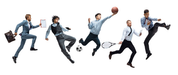 Collage of different professional office styled sportsmen, fit people in action and motion isolated on white background. Flyer.