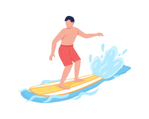 Surfer flat color vector faceless character. Man riding surfboard. Summer recreational activity. Extreme water sport isolated cartoon illustration for web graphic design and animation