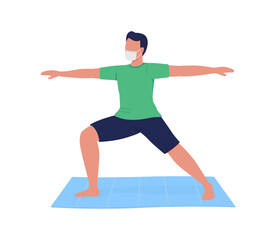 Fototapeta na wymiar Man in mask practicing yoga flat color vector faceless character. Fitness for healthy lifestyle during pandemic. Meditation isolated cartoon illustration for web graphic design and animation