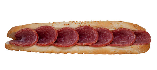 Long sandwich with sausage isolated on white background. Quick lunch - sesame bun and salami filling. Gas station menu © Real_life