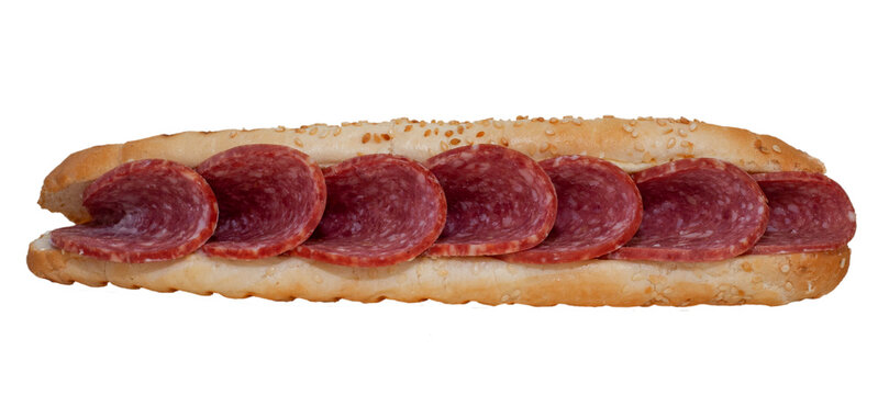 Long sandwich with sausage isolated on white background. Quick lunch - sesame bun and salami filling. Gas station menu