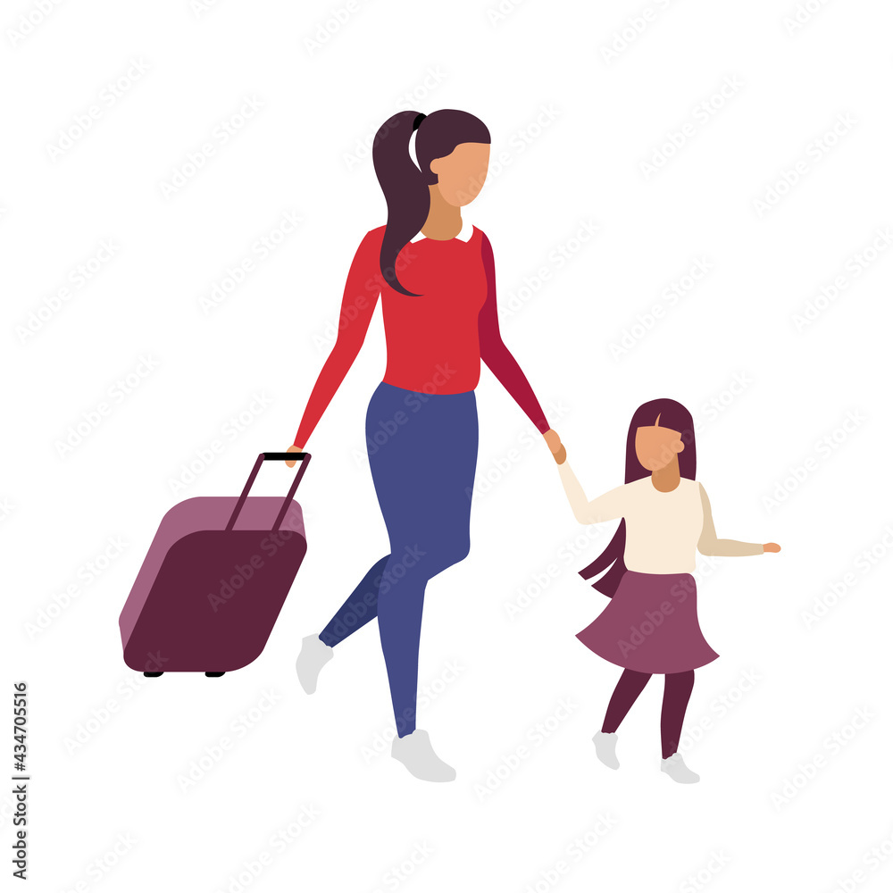 Wall mural mother and daughter travelling together flat color vector faceless characters. female passenger with