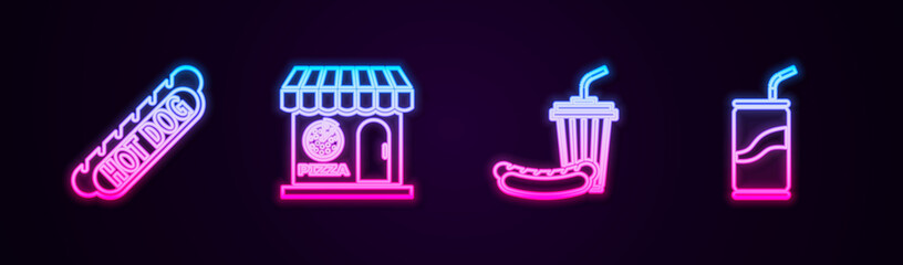 Set line Hotdog sandwich, Pizzeria building facade, Soda hotdog and can with drinking straw. Glowing neon icon. Vector