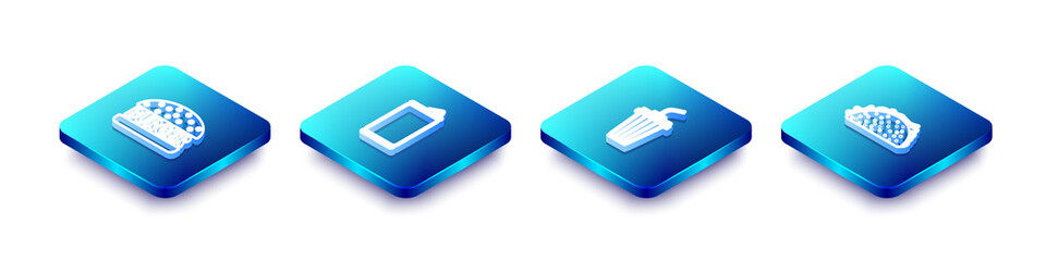 Set Isometric line Burger, Aluminum can, Glass with water and Taco tortilla icon. Vector
