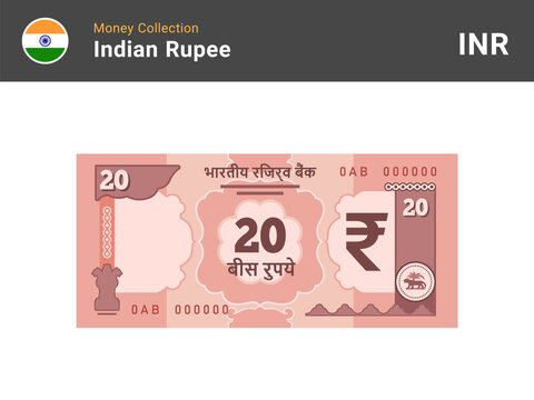 Indian rupee banknote. 20 bill paper money. Twenty INR cash. The official currency of India. Flat style. Simple minimal design. Vector illustration.