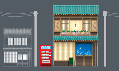 Shop modified from traditional wooden building in Japan. Vector, isolated with plain color background.