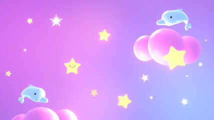 Cartoon dolphin, glowing yellow stars, and pink clouds in the purple night sky. 3d rendering picture.