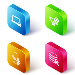 Set Isometric line Laptop service, Air conditioner, Microphone and Database server icon. Vector