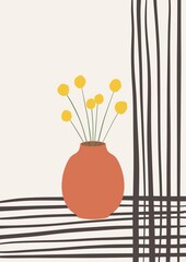 Abstract minimalist art poster. Lines and flowers in a vase. Postcard, wallpaper, prints