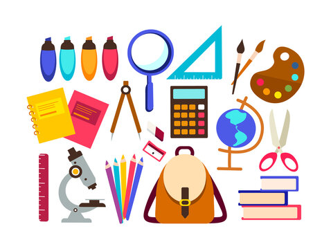School supplies elements isolated on white background. Schooling Stationery tools.School student accessories.Set of office stationery. Back to school equipment. Education Study workspace. Flat Vector
