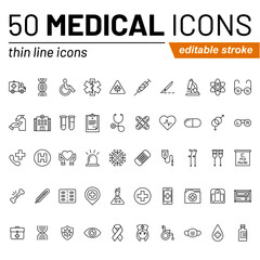Set of Medical vector thin line icons isolated on white. High quality pixel perfect icon collection suitable for mobile and web projects. Editable stroke.