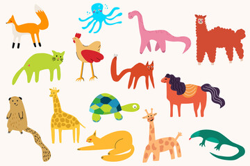 a large set of vector animals drawn by hand. giraffe, cat, dinosaur, beaver, fox, puteh. Animals for children's books, postcards, clothes