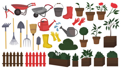 set of plants and garden tools isolated on a white background. Shovel, rake, watering cans, rubber gloves, pruning shears, bucket, carts, broom, trees, potted flowers, fences, home flowers isolated