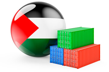 Cargo containers with Palestinian flag. Freight shipping in Palestine, 3D rendering
