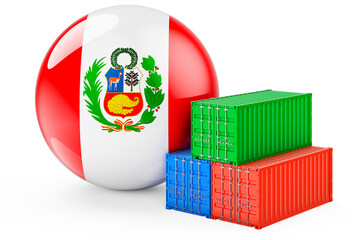 Cargo containers with Peruvian flag. Freight shipping in Peru, 3D rendering