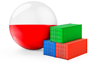 Cargo containers with Polish flag. Freight shipping in Poland, 3D rendering