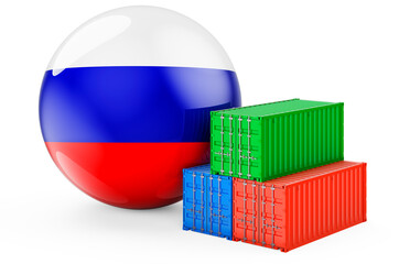 Cargo containers with Russian flag. Freight shipping in Russia, 3D rendering