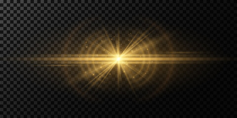 Stylish golden light effect on a dark transparent background. Vector footage for your project. Explosion with glowing sparks. Magic beams. Bright flare with rays. - obrazy, fototapety, plakaty