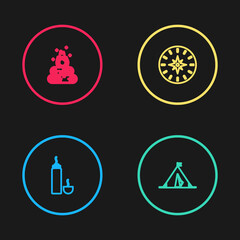 Set line Thermos container, Tourist tent with flag, Compass and Campfire icon. Vector