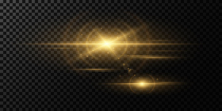 Abstract golden light effect on a dark transparent background. Vector footage for your project. Explosion with glowing sparks. Magic beams. Bright flare with rays.