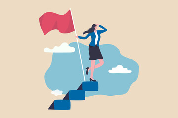 Success female entrepreneur, woman leadership or challenge and achievement concept, success businesswoman on top of career staircase holding winning flag looking for future visionary.