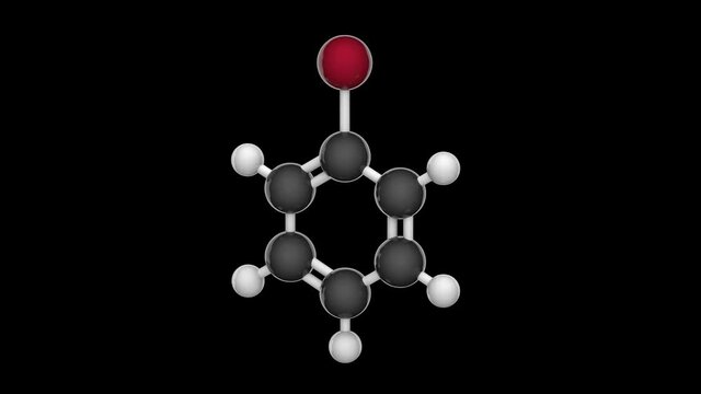 Bromobenzene (Brombenzol, Phenyl Bromide). Clear colorless liquid with a pungent odor. Formula: C6H5Br (PhBr). 3D render. Seamless loop. RGB + Alpha (Transparent) channel