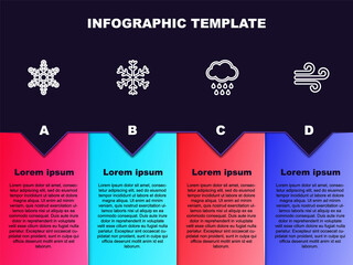 Set line Snowflake, , Cloud with rain and Wind. Business infographic template. Vector