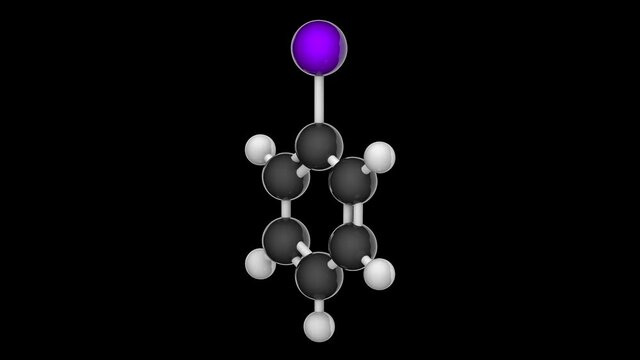Iodobenzene (Phenyl iodide) is useful as a synthetic intermediate in organic chemistry. Formula: C6H5I. 3D render. Seamless loop. RGB + Alpha (Transparent) channel