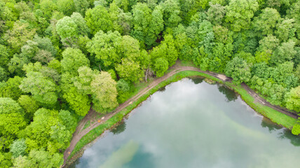 Naklejka premium Aerial view of wild forest lake