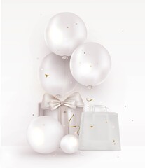 Fototapeta na wymiar White celebration scene mockup. Template with balloons, gift,package. Anniversary. Happy birthday greeting card, template for sales, promotion, invitation.Vector.