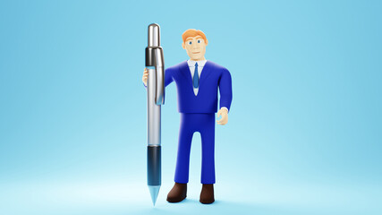 3D render of businessman and pen. Business online mobile and e-commerce on web shopping concept. Secure online payment transaction with smartphone.