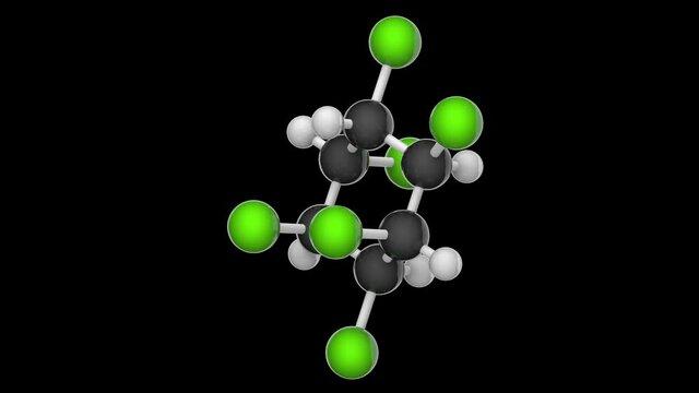 Lindane or Hexachlorane, formula: C6H6Cl6, is used as an insecticide for hardwood logs, lumber, and crops. 3D render. Seamless loop. RGB + Alpha (Transparent) channel