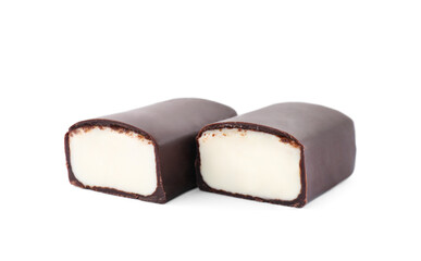 Delicious cut glazed cheese on white background