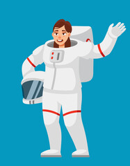 Female astronaut waving hand. Woman in cartoon style.