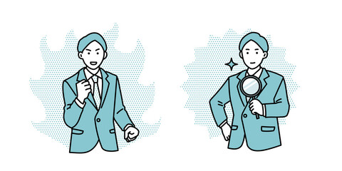 Naklejka premium 男性ビジネスパーソン ガッツポーズ&虫眼鏡