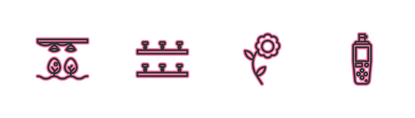 Set line Smart farm with bulb and plant, Flower, Automatic irrigation sprinklers and Portable sensor icon. Vector