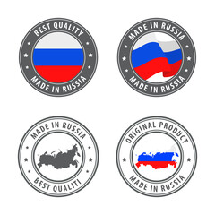 Made in Russian Federation - set of labels, stamps, badges, with the Russia map and flag. Best quality. Original product.