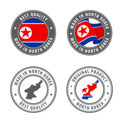 Fototapeta premium Made in North Korea - set of labels, stamps, badges, with the North Korea map and flag. Best quality. Original product.