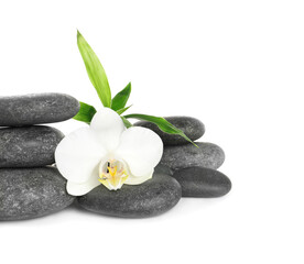 Fototapeta na wymiar Spa stones, beautiful orchid flower and bamboo sprout on white background