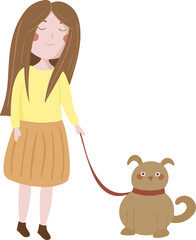 Vector illustration of a young girl walking with a dog. Drawings for a postcard, poster, or background.