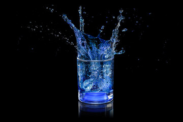 Glass of water and splash. Black background and free space for your decoration 
